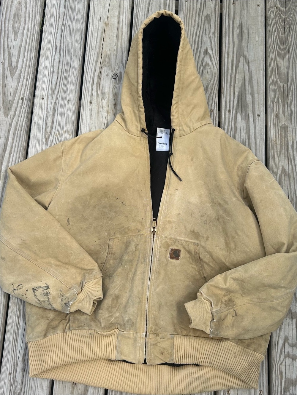 Carhartt J130 Jacket Mens 2XL Tan Duck Canvas Hooded Insulated Workwear Thrashed